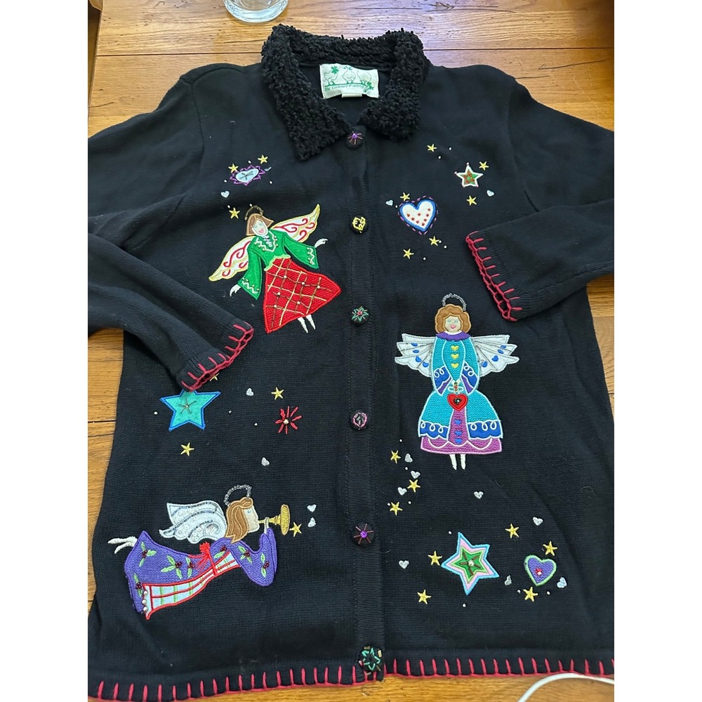 vtg the quacker factory black cardigan sweater with embroidered angels medium
